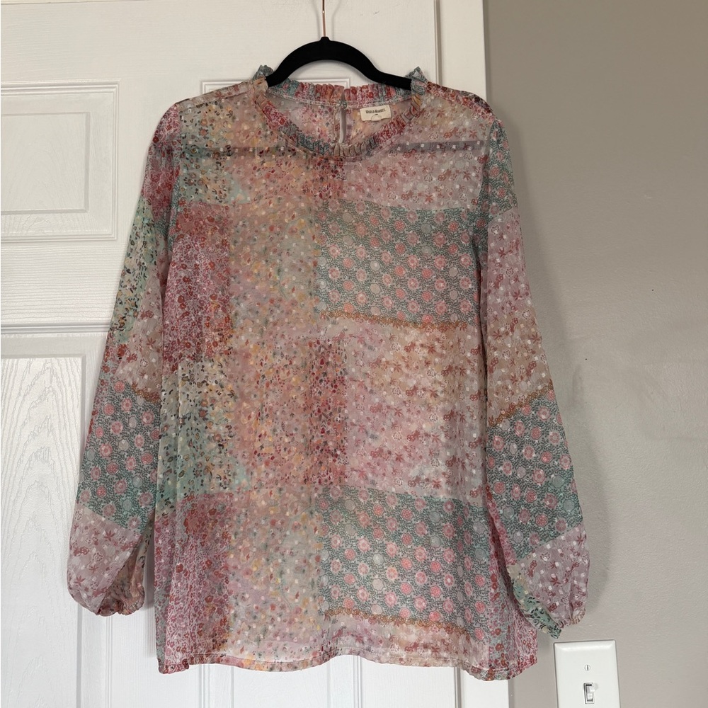 World Market Pastel Floral Sheer Long Sleeve Blouse Cottagecore Coquette